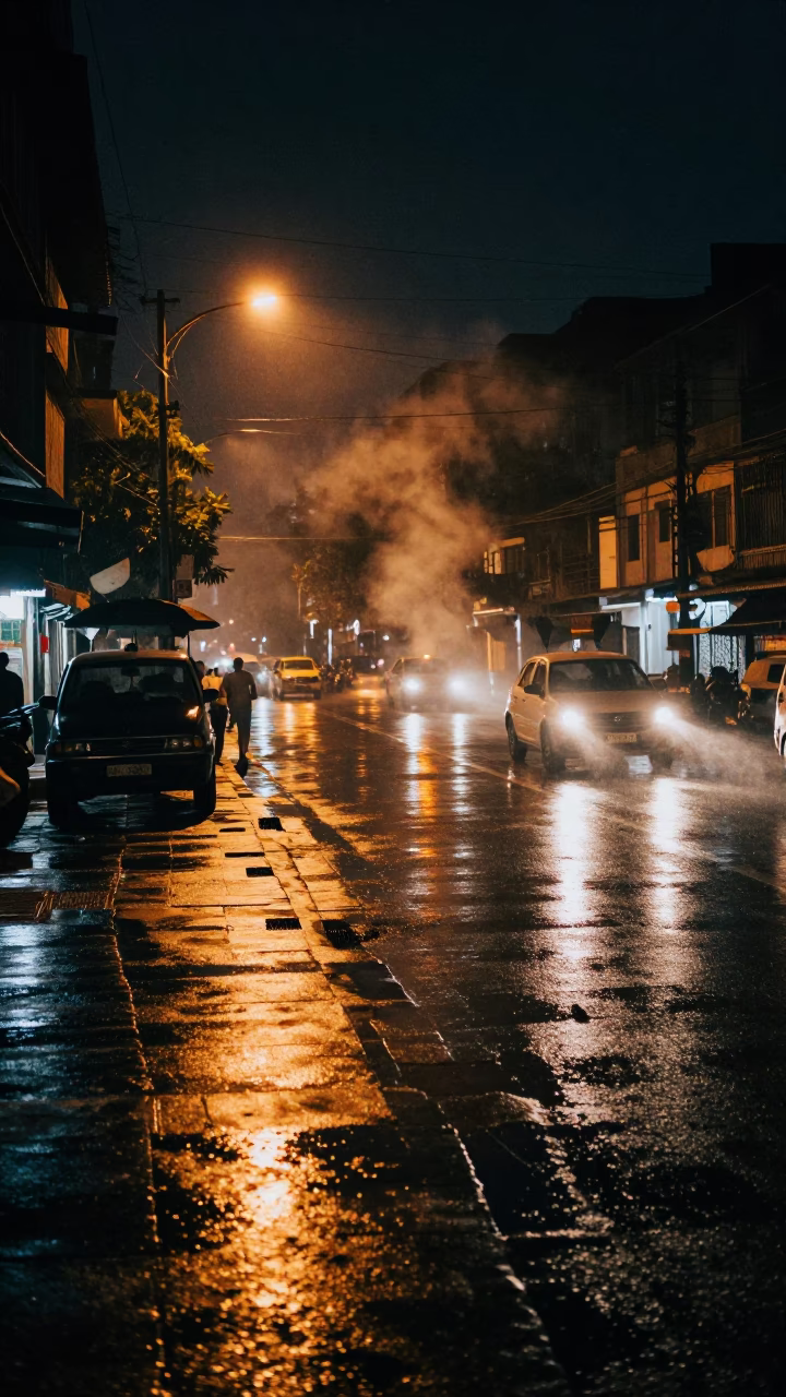 Late Night Kolkata Street Scene with Steam and Urban Decay in in Kolkata, India