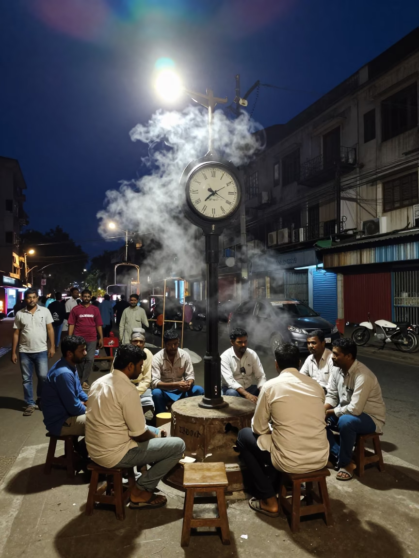 Late Night Kolkata Street Scene with Steam, Chess Clock, and Nightlife in in Kolkata, India