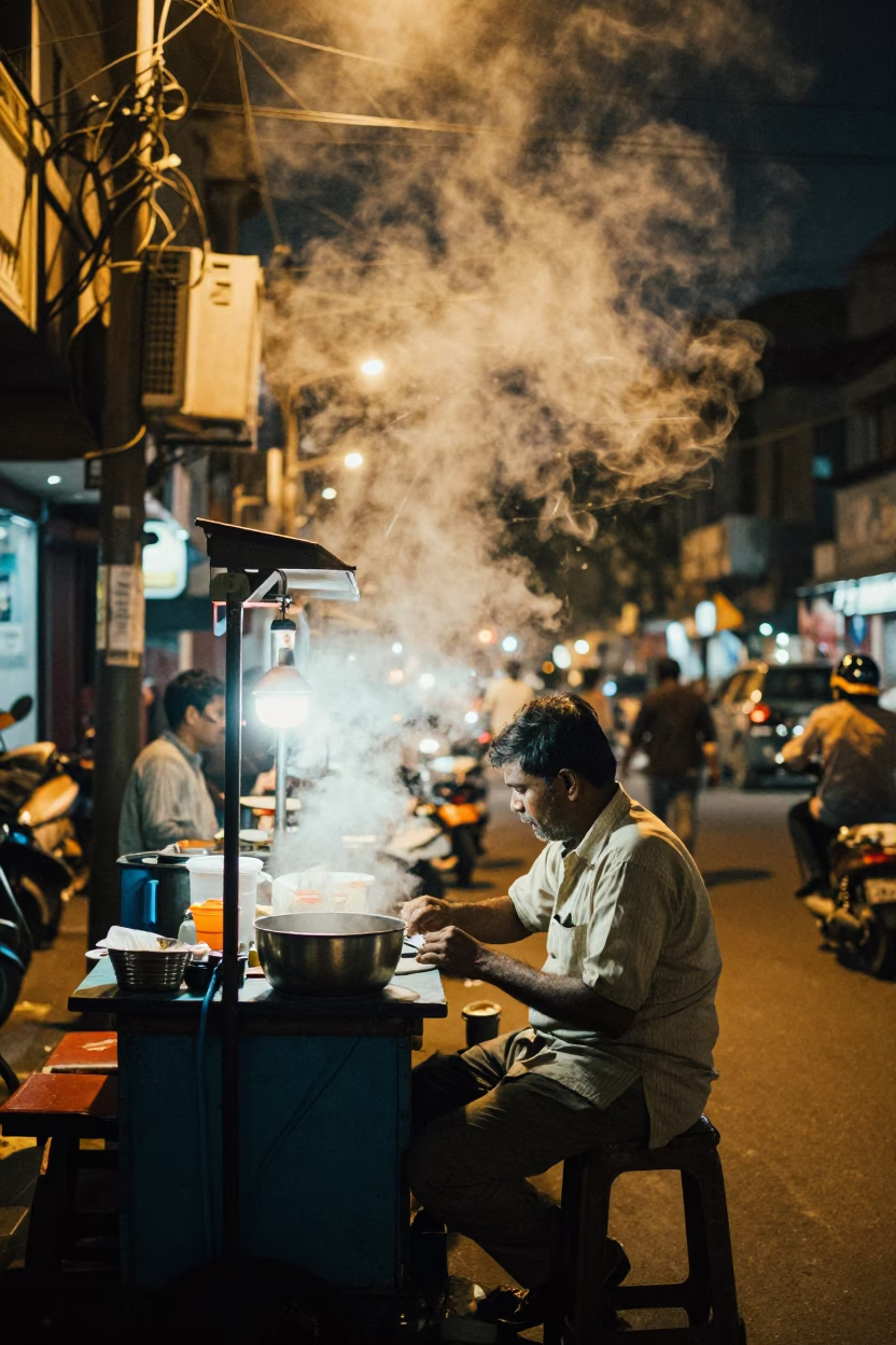 Late Night Kolkata Street Scene with Steam Haze from Cup and Wall Hook Detail in in Kolkata, India