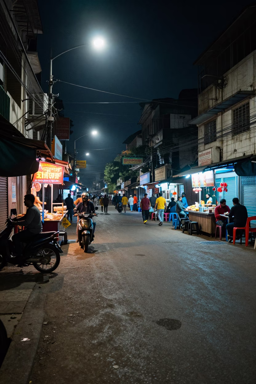 Late Night Kolkata Street Scene with Tea Stains and Neon Reflections in in Kolkata, India