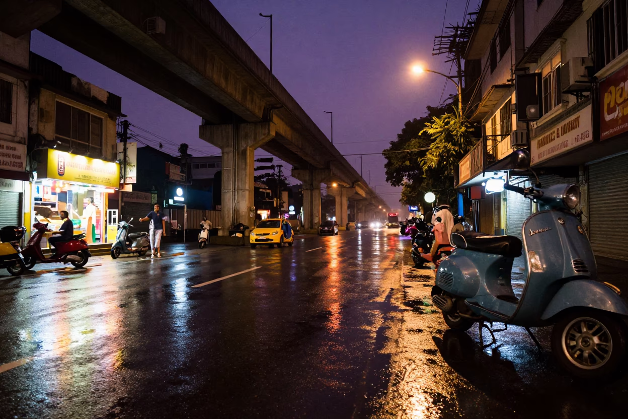 Late Night Kolkata Street Scene with Vespa Reflection and Heritage Locomotive Inspiration in in Kolkata, India
