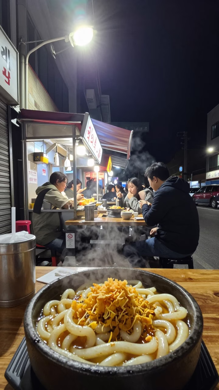 Late Night Korean Street Food Scene in Busan with Udon and Tempura in in Busan, South Korea