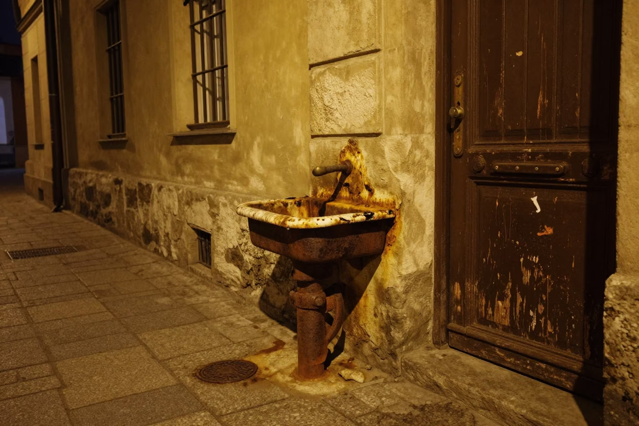 Late Night Krakow Alleyway Rusty Basin and Weathered Door Latch Detail in in Krakow, Poland
