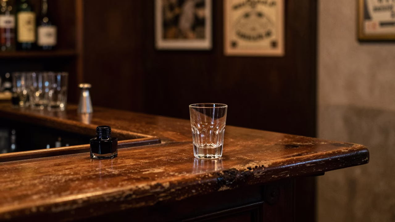 Late Night Krakow Bar Counter with Ink Bottle and Drinking Vessel in Poland in in Krakow, Poland