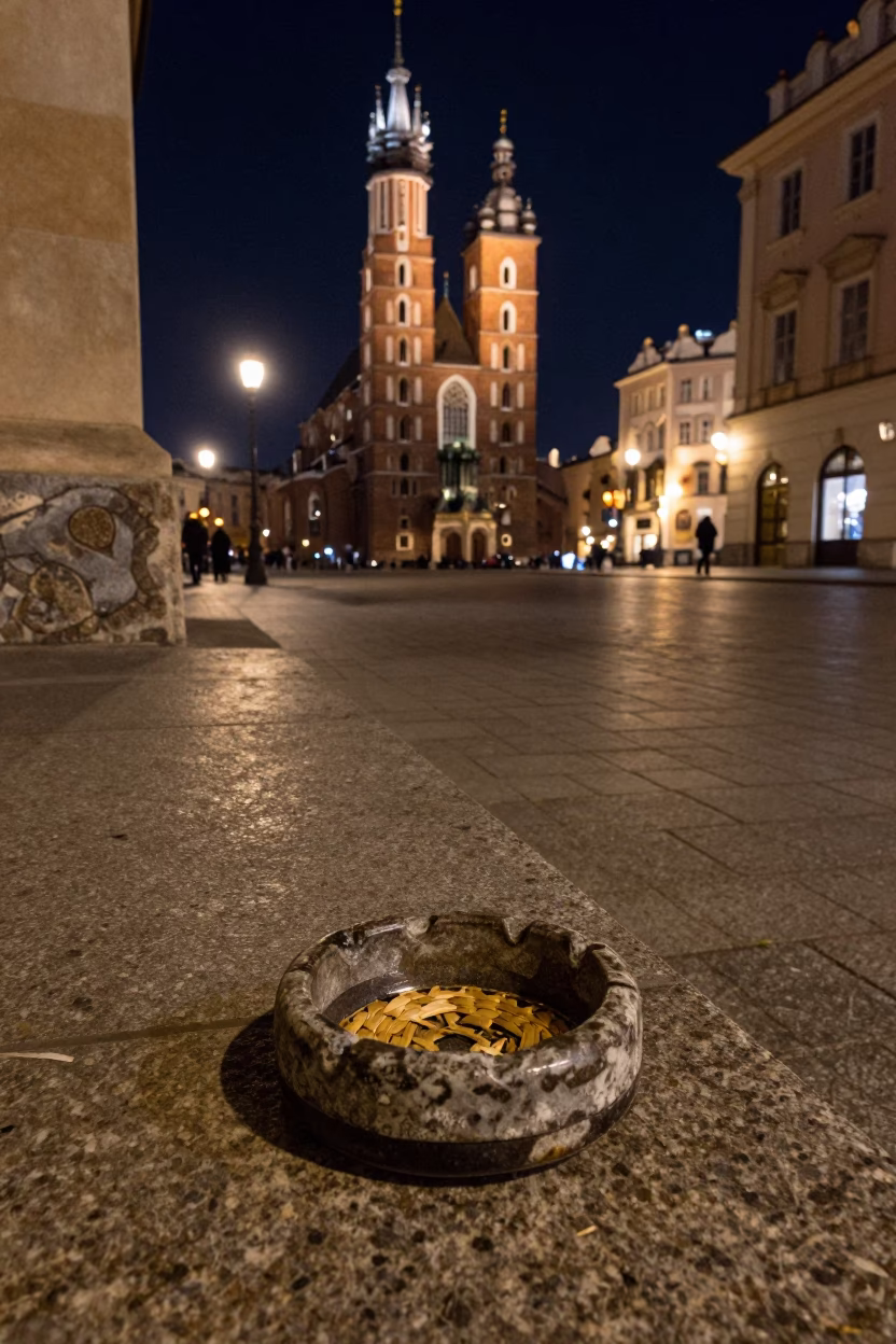 Late Night Krakow Street Scene with Ashtray and Woven Basket at Midnight in in Krakow, Poland