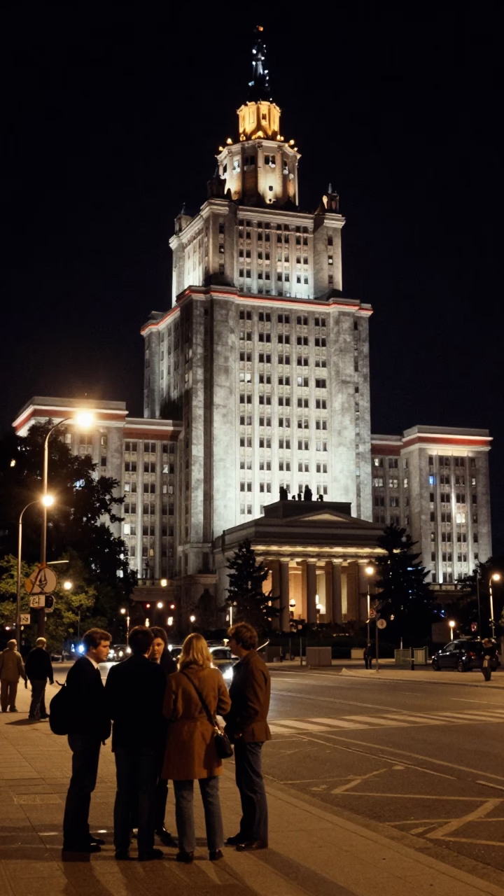 Late Night Krakow Street Scene with Brutalist Concrete University Tower and Observing Figures in in Krakow, Poland