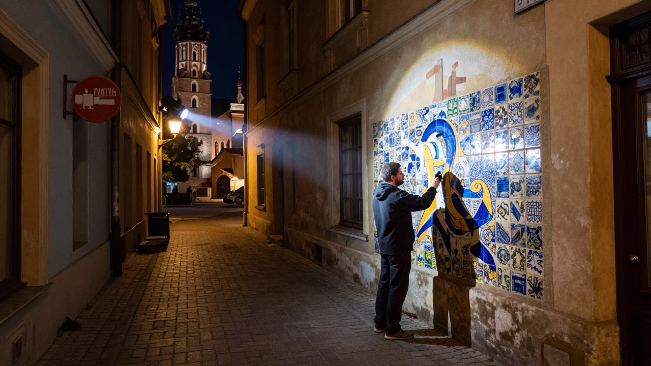 Late Night Krakow Street Scene with Ceramic Tiles and Street Mural Painting in in Krakow, Poland