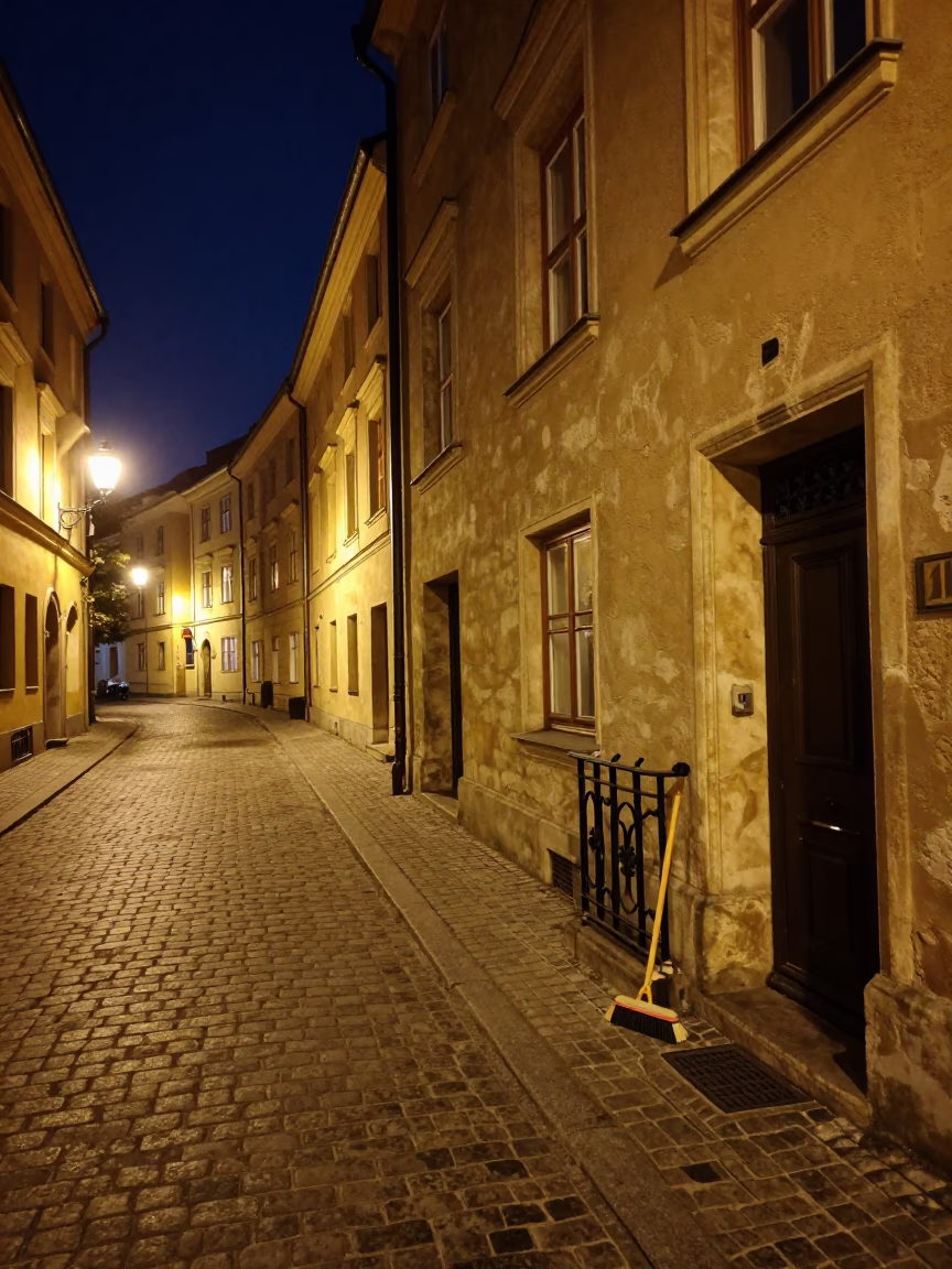Late Night Krakow Street Scene with Coat Brush and Urban Reflections in in Krakow, Poland