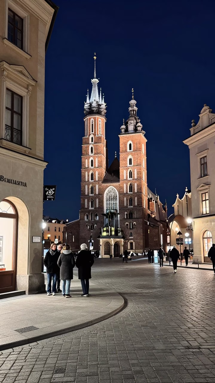 Late Night Krakow Street Scene with Coats and Cobblestones Under Starry Sky in in Krakow, Poland