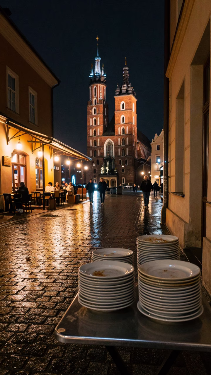 Late Night Krakow Street Scene with Dishes and Urban Details in in Krakow, Poland