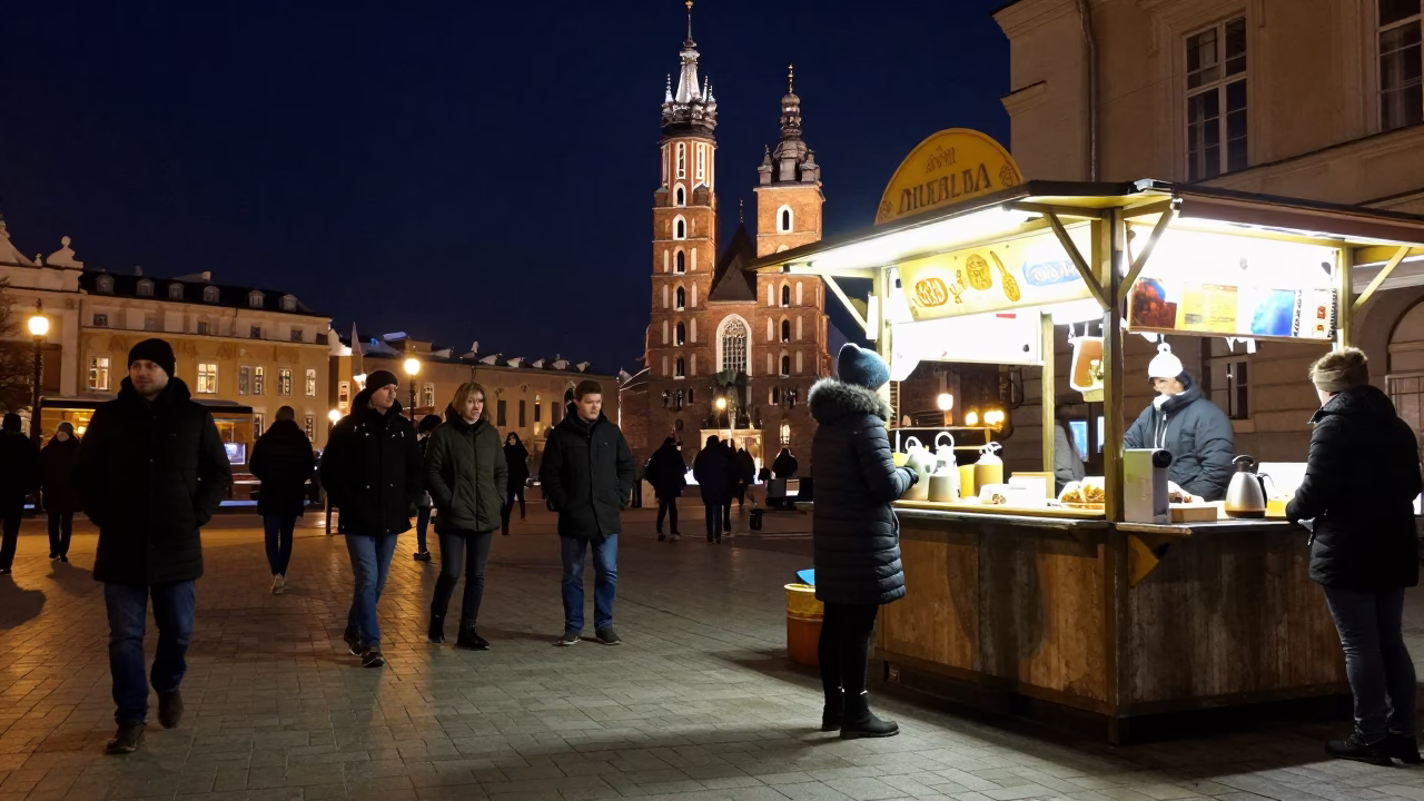 Late Night Krakow Street Scene with Electric Kettle and Condensation Under Deep Night Sky in in Krakow, Poland