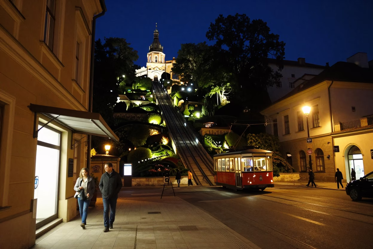 Late Night Krakow Street Scene with Funicular and Urban Details in in Krakow, Poland