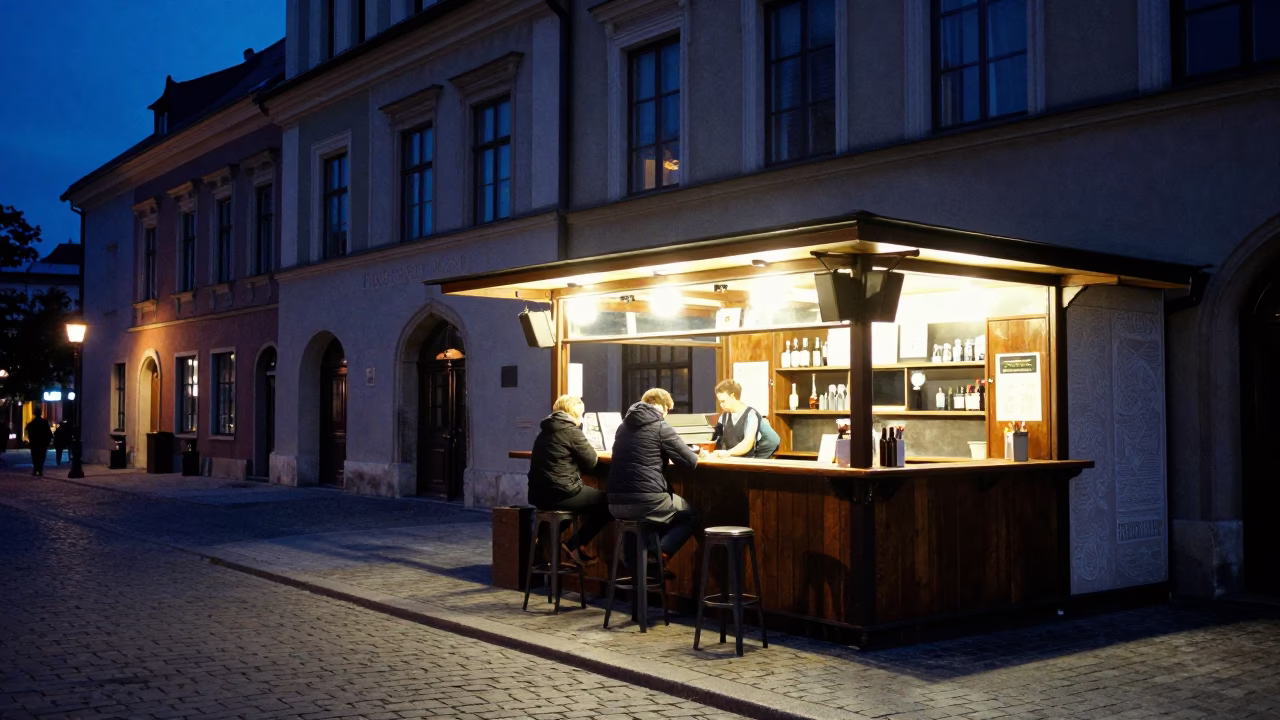 Late Night Krakow Street Scene with Illuminated Bar Counter and Grease Sheen in in Krakow, Poland