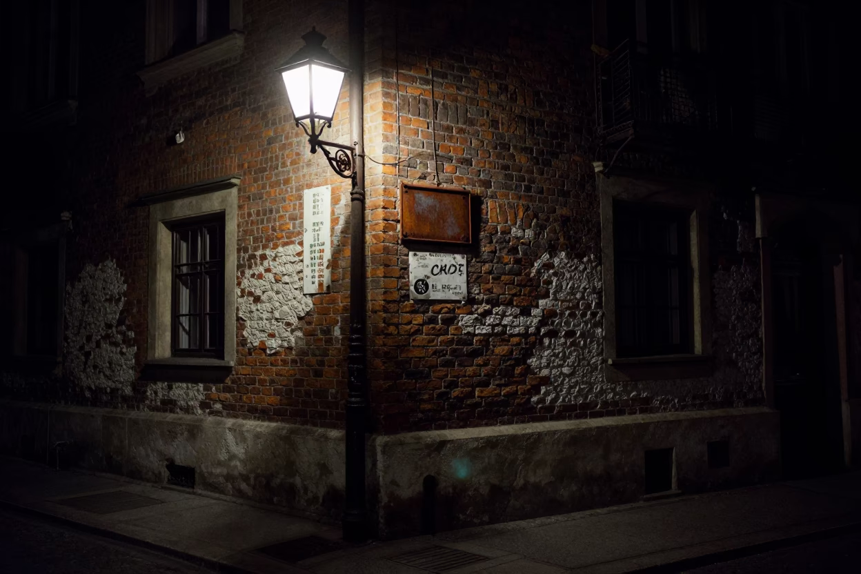 Late Night Krakow Street Scene with Lantern and Rusty Bracket in in Krakow, Poland