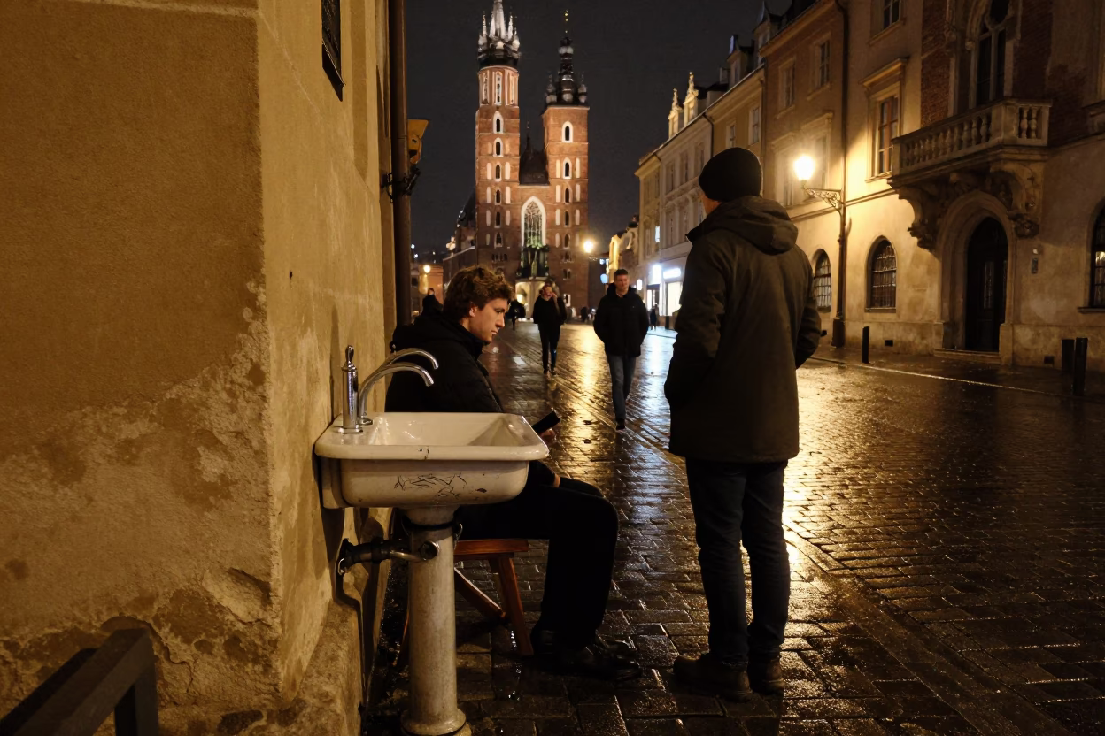 Late Night Krakow Street Scene with Scratched Sink and Local Evening Activity in in Krakow, Poland