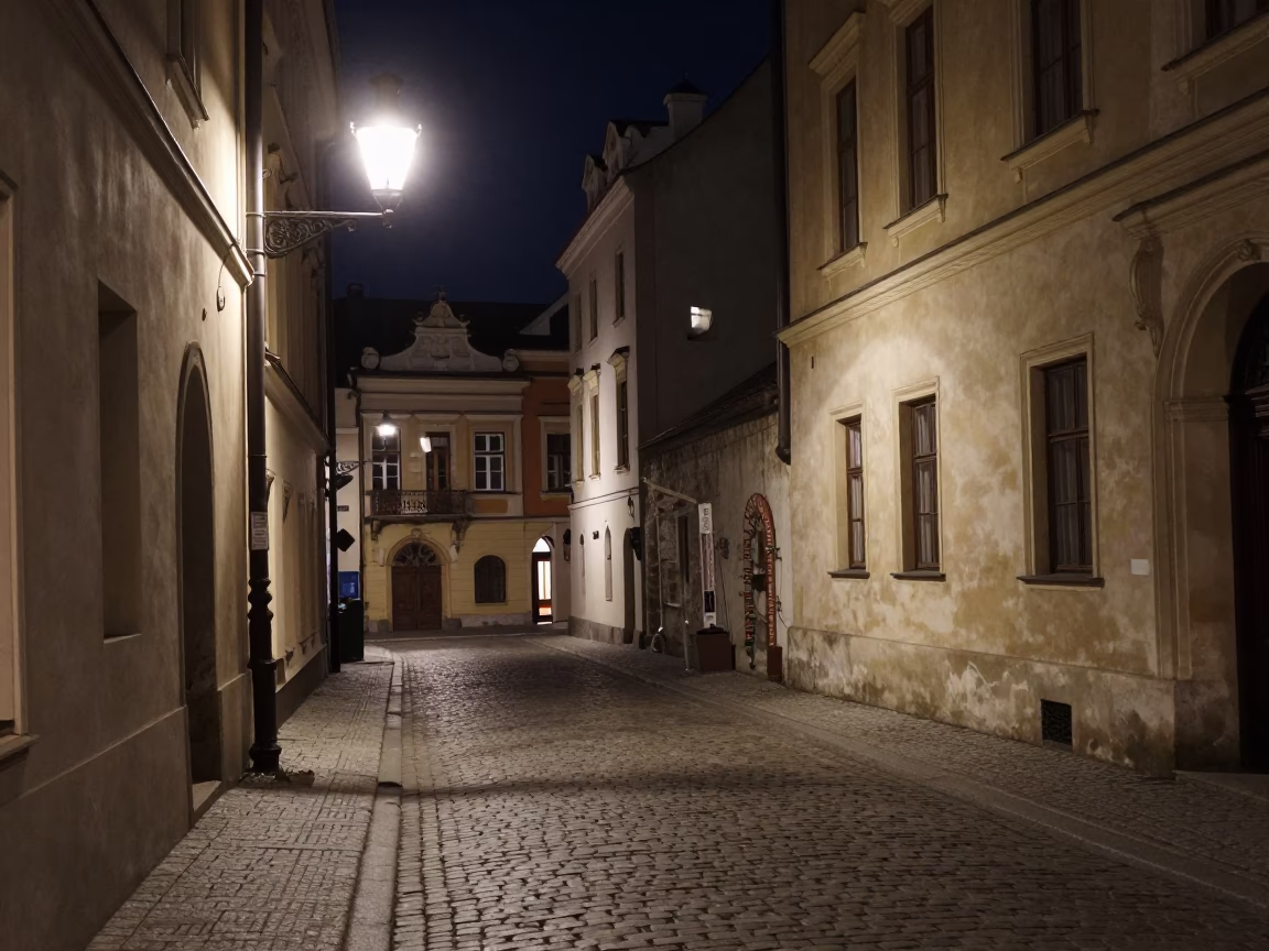 Late Night Krakow Street Scene with Thermometer and Urban Details in in Krakow, Poland