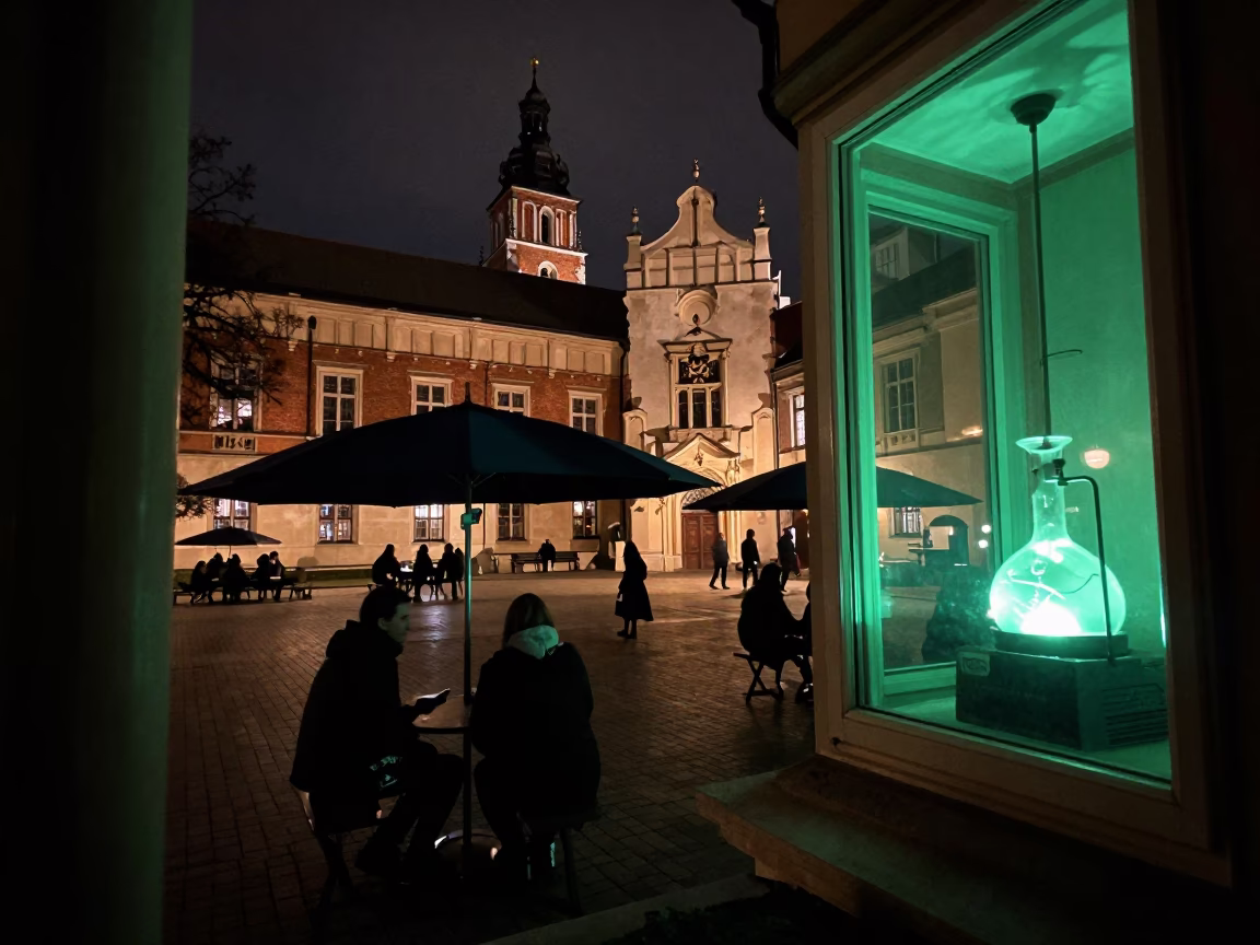 Late Night Krakow Street Scene with Umbrellas and University Courtyard Details in in Krakow, Poland