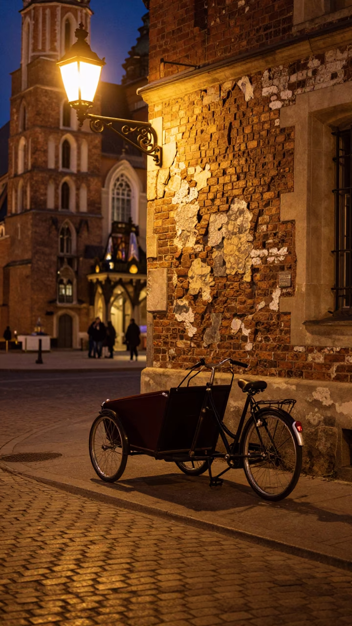 Late Night Krakow Street Scene with Vintage Bicycle and Neon Signage in in Krakow, Poland