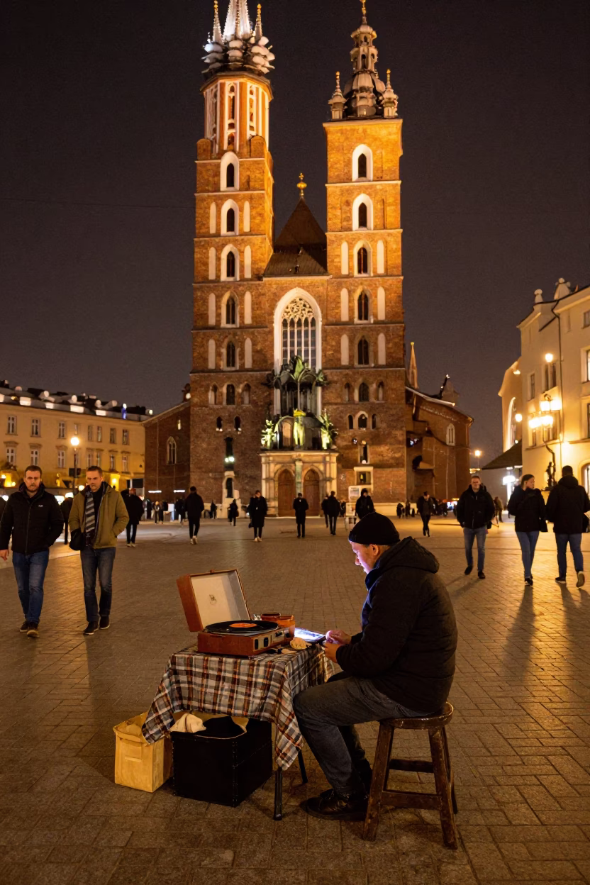 Late Night Krakow Street Scene with Vintage Record Player and Local Life in in Krakow, Poland