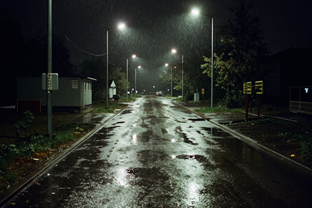 Late Night Krakow Substation Access Road Puddled with Oil Sheen Rainwater in in Krakow, Poland