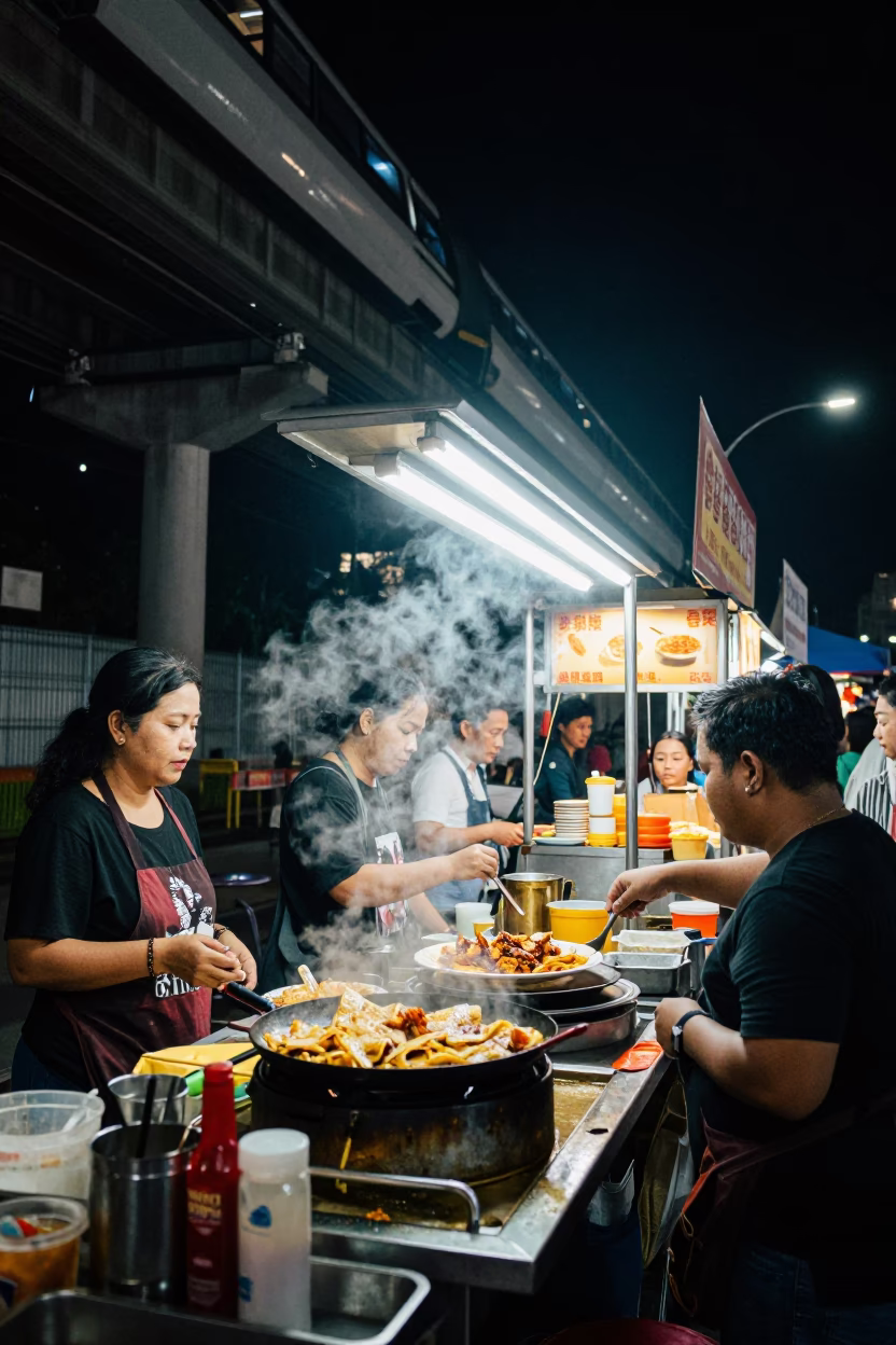 Late Night Kuala Lumpur Street Food Stall with Monorail Passing Above in in Kuala Lumpur, Malaysia