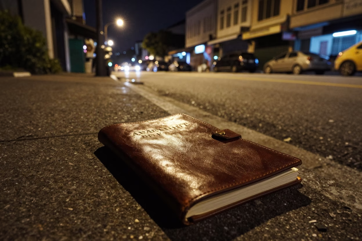 Late Night Kuala Lumpur Street Scene with Address Book and Diamond Ring in in Kuala Lumpur, Malaysia