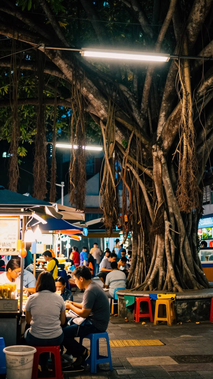 Late Night Kuala Lumpur Street Scene with Banyan Tree and Neon Reflections in in Kuala Lumpur, Malaysia