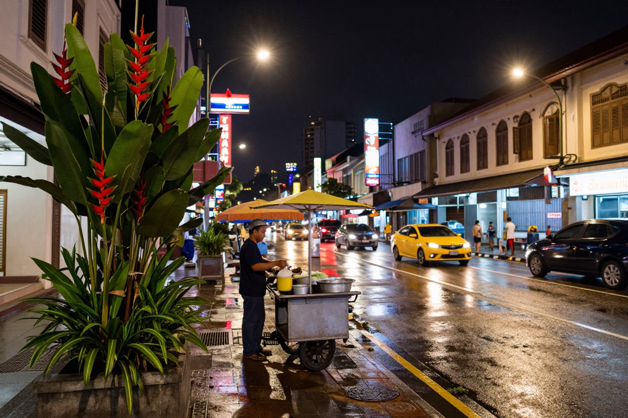 Late Night Kuala Lumpur Street Scene with Heliconia and Traditional Street Food Vendor in in Kuala Lumpur, Malaysia