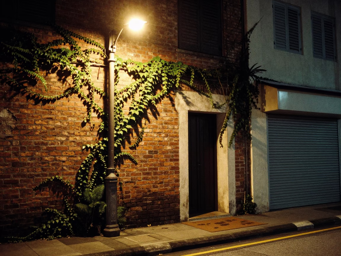 Late Night Kuala Lumpur Street Scene with Ivy Brick Wall and Doormat in in Kuala Lumpur, Malaysia