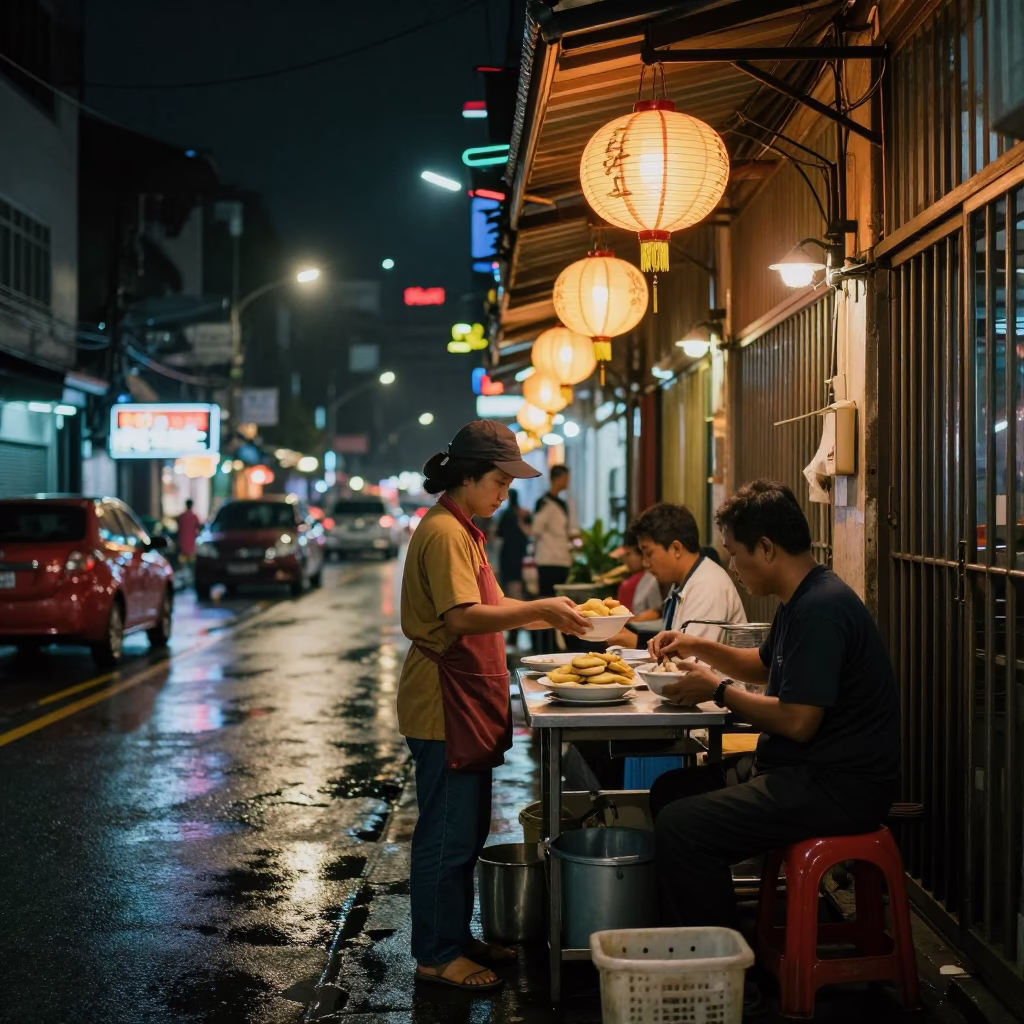 Late Night Kuala Lumpur Street Scene with Lantern and Manti Dumplings in in Kuala Lumpur, Malaysia