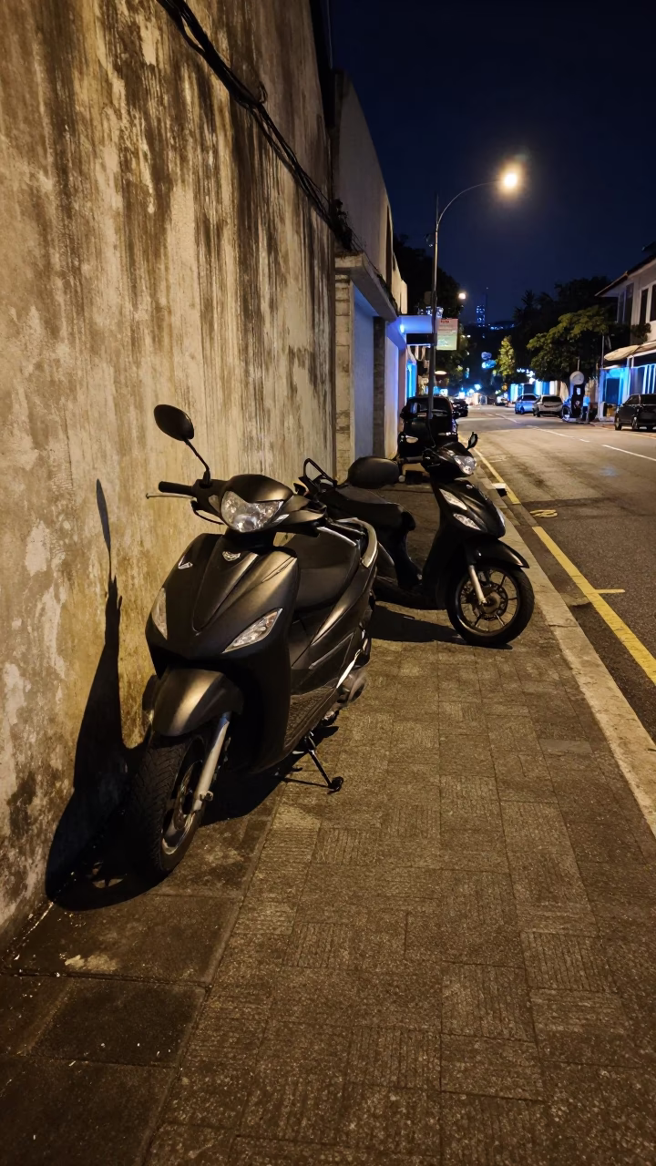 Late Night Kuala Lumpur Street Scene with Scooter and Bicycle Basket in in Kuala Lumpur, Malaysia
