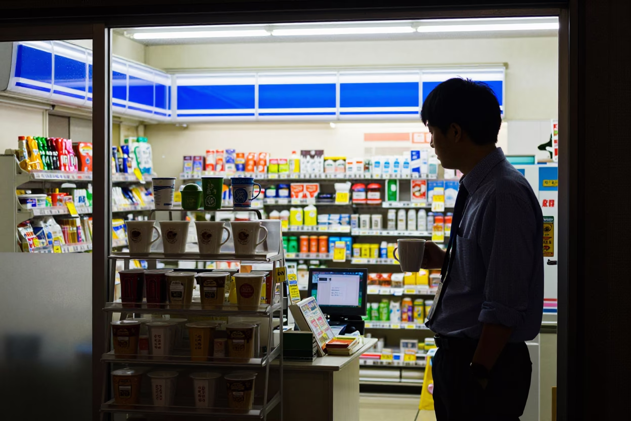 Late Night Kyoto Convenience Store Interior with Coffee Mugs and Vending Machines in in Kyoto, Japan