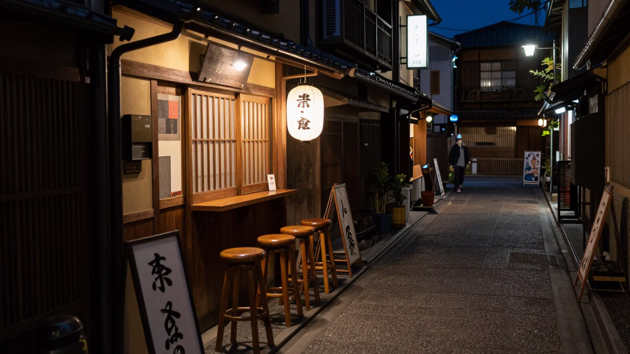 Late Night Kyoto Street Scene with Bar Stools and Leaf Shadows in Deep Night in in Kyoto, Japan