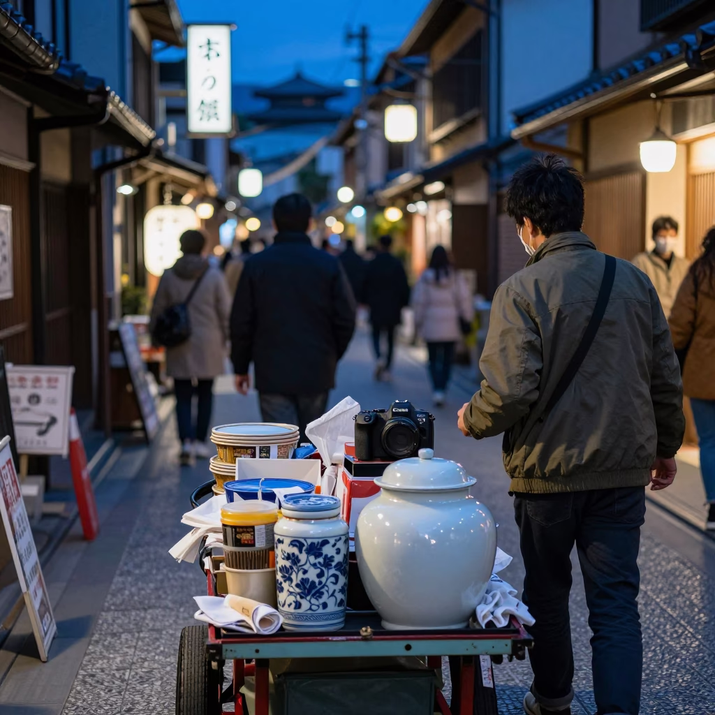 Late Night Kyoto Street Scene with Blue and White Porcelain Jar and Dish Towel in in Kyoto, Japan