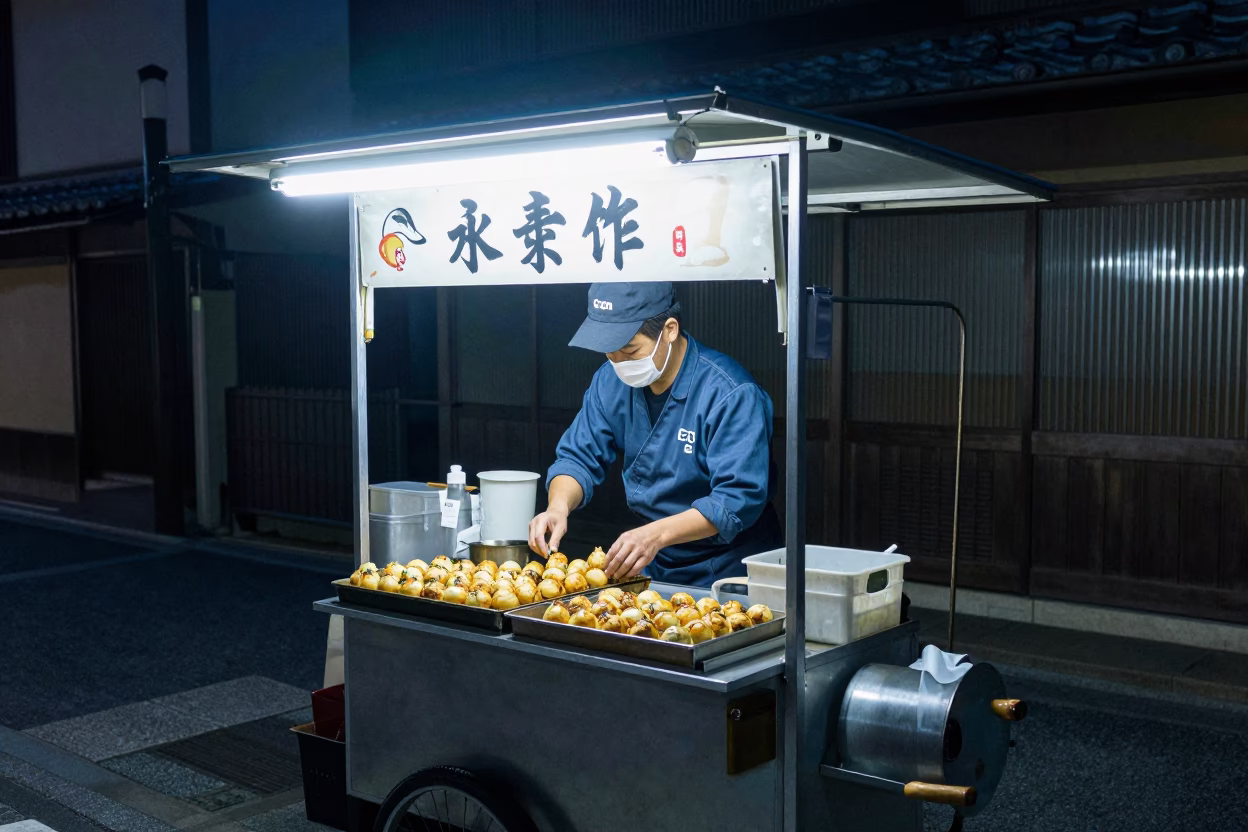 Late Night Kyoto Street Scene with Blue and White Porcelain Jar and Takoyaki Stall in in Kyoto, Japan
