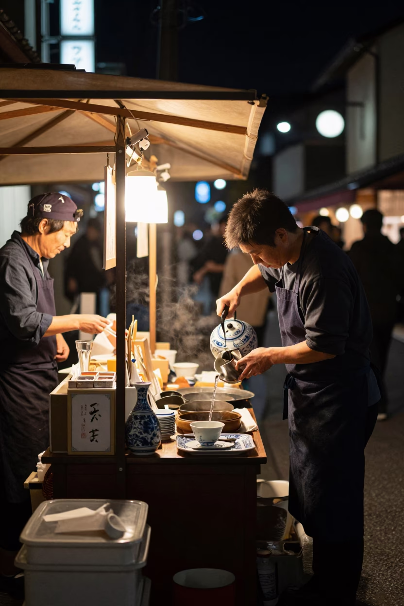 Late Night Kyoto Street Scene with Blue White Porcelain and Tea Stains in in Kyoto, Japan