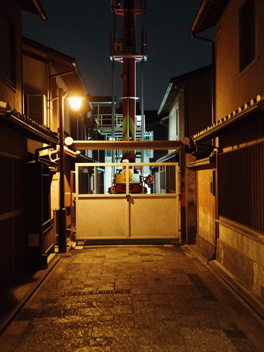 Late Night Kyoto Street Scene with Construction Elevator Gate and Rebar Bundles in in Kyoto, Japan