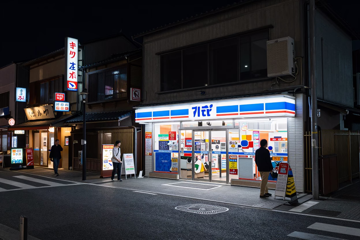Late Night Kyoto Street Scene with Convenience Store Convenience and Urban Neon Reflections in in Kyoto, Japan