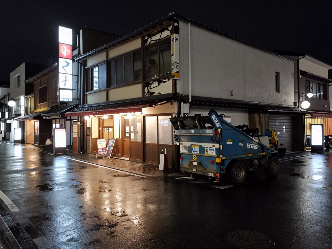 Late Night Kyoto Street Scene with Demolition Dumpster and Rainy Facade in in Kyoto, Japan