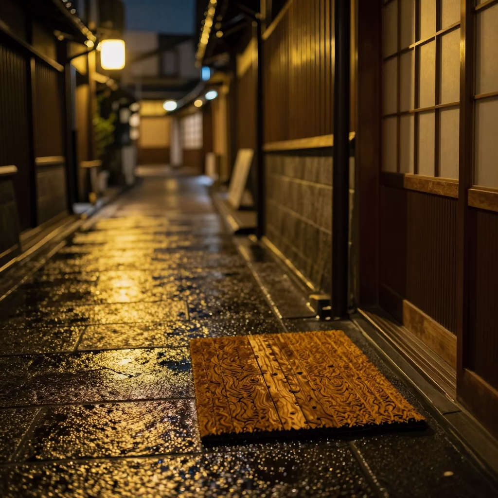 Late Night Kyoto Street Scene with Doormat and Traditional Wooden Architecture in in Kyoto, Japan