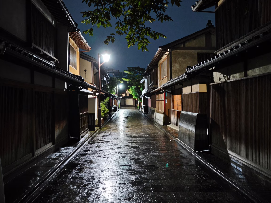 Late Night Kyoto Street Scene with Leaf Shadows and Drain Details in in Kyoto, Japan