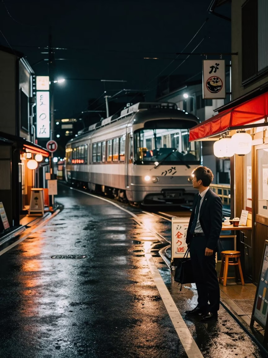 Late Night Kyoto Street Scene with Monorail and Local Dining in in Kyoto, Japan