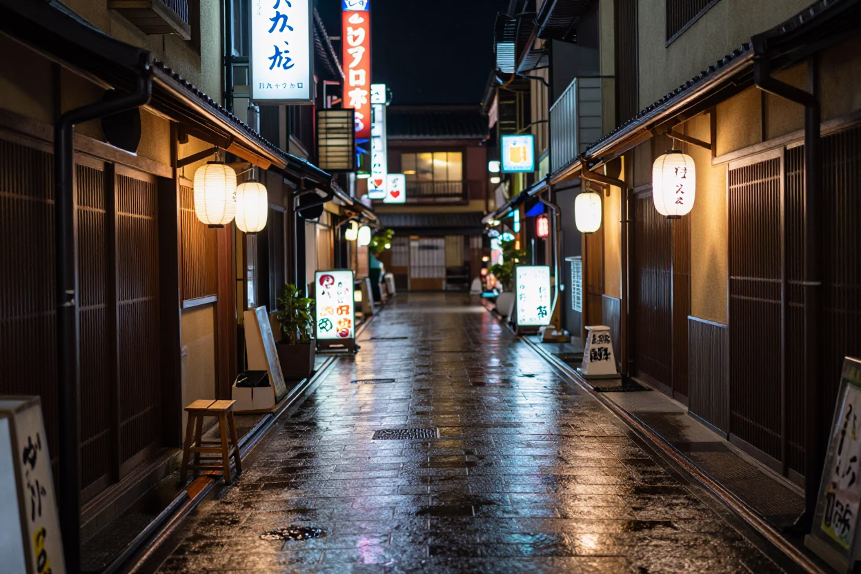 Late Night Kyoto Street Scene with Neon Lights and Local Shop Details in in Kyoto, Japan