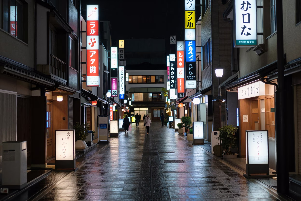 Late Night Kyoto Street Scene with Neon Lights and Traditional Architecture in in Kyoto, Japan