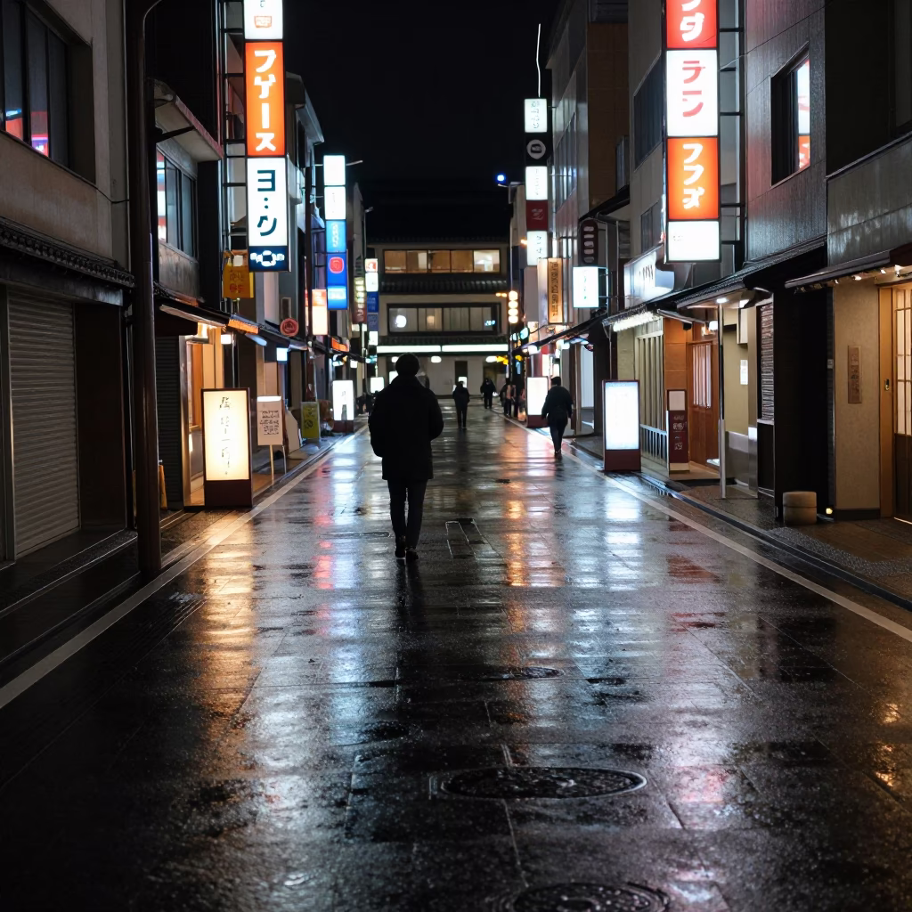 Late Night Kyoto Street Scene with Neon Reflections and Casual Pedestrian Moment in in Kyoto, Japan