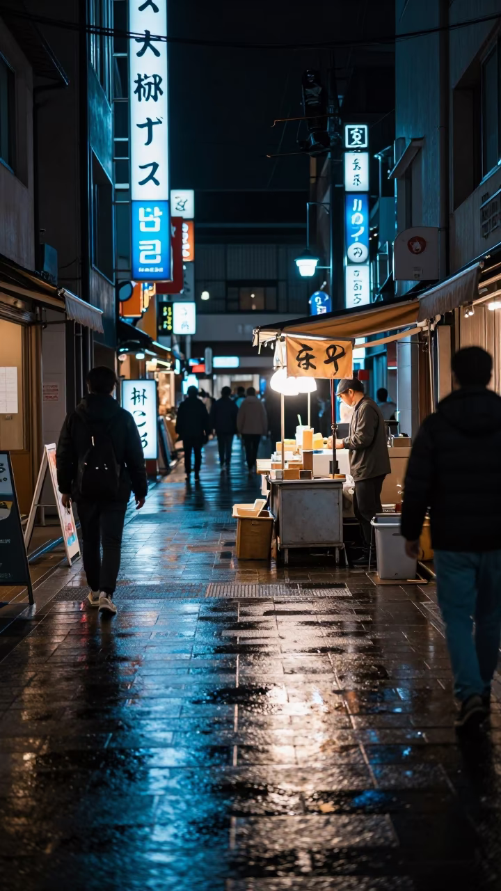 Late Night Kyoto Street Scene with Neon Reflections and Local Vendors in in Kyoto, Japan