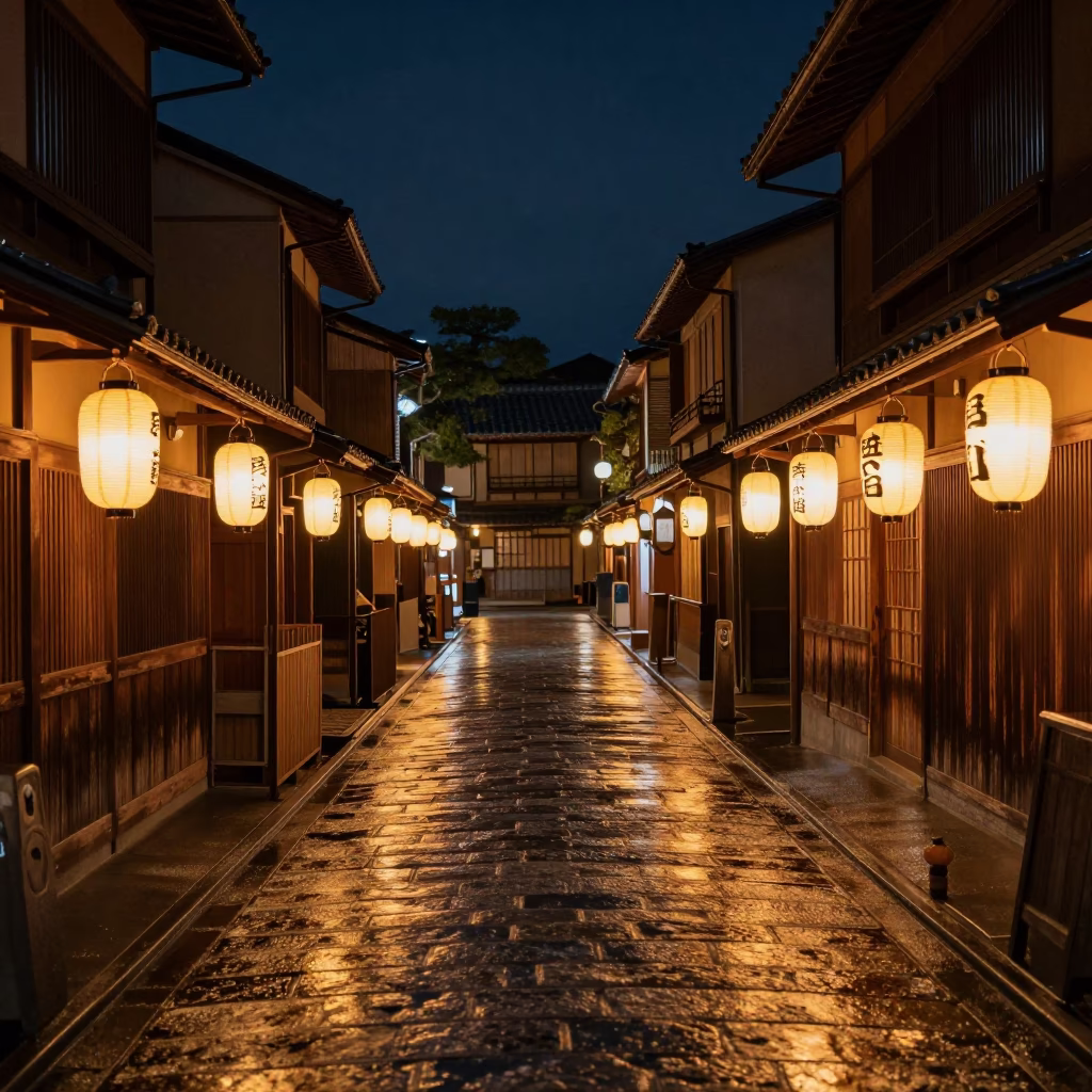 Late Night Kyoto Street Scene with Neon Reflections and Traditional Lanterns in in Kyoto, Japan