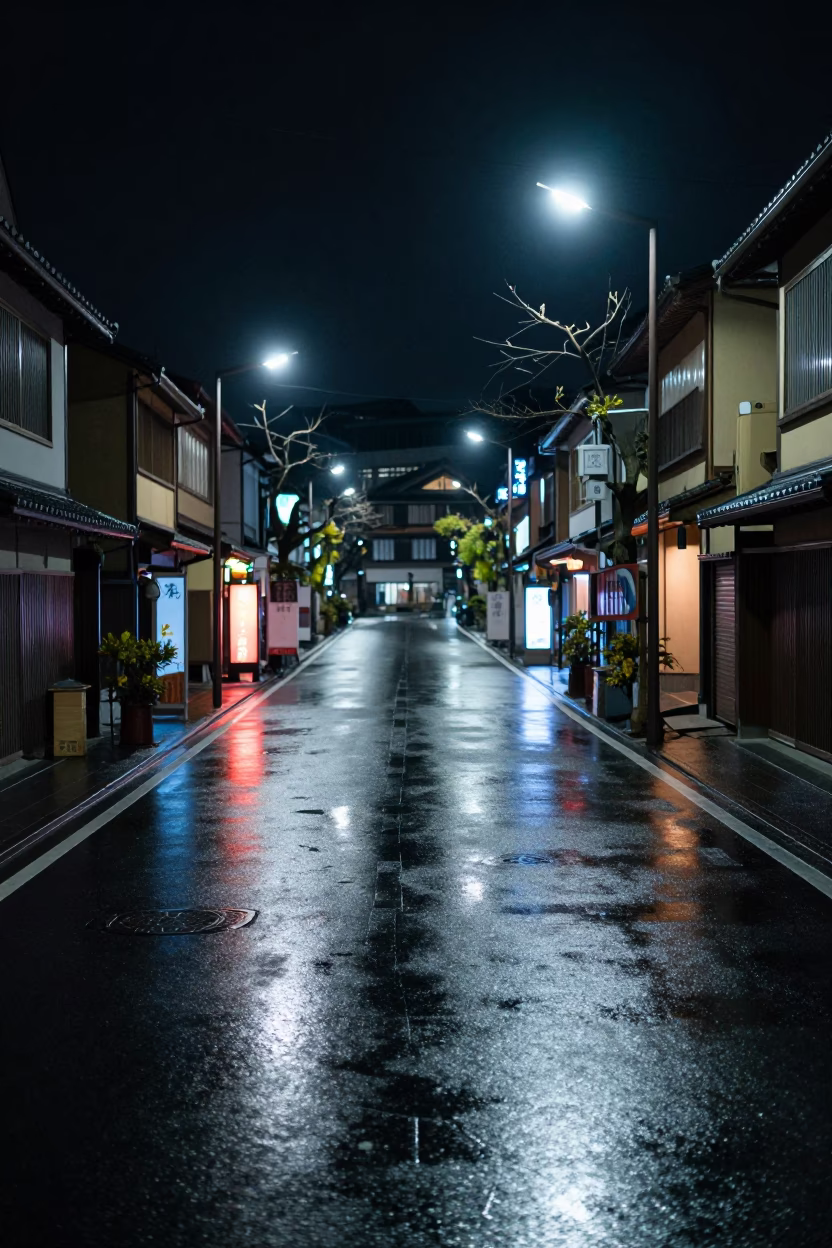 Late Night Kyoto Street Scene with Neon Reflections and Urban Details in in Kyoto, Japan