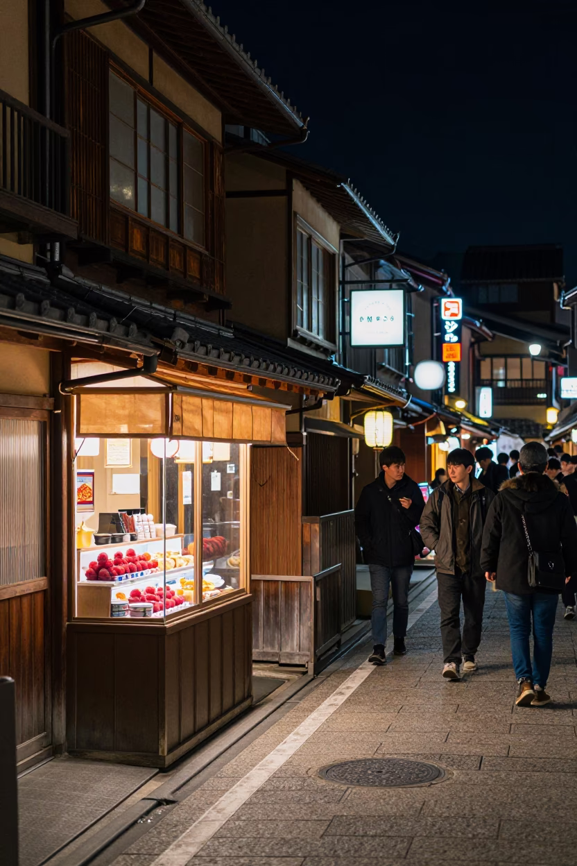 Late Night Kyoto Street Scene with Neon Signs and Traditional Architecture in in Kyoto, Japan