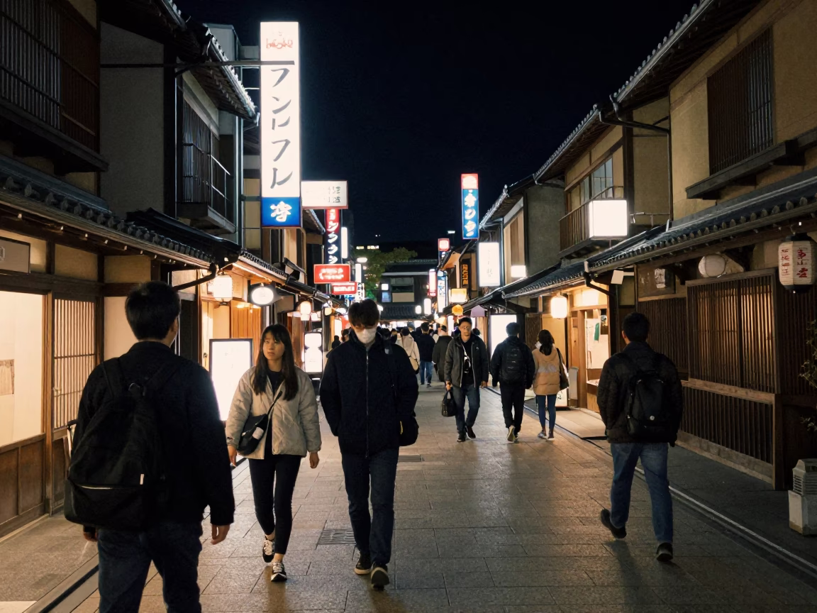 Late Night Kyoto Street Scene with Neon Signs and Urban Details in in Kyoto, Japan